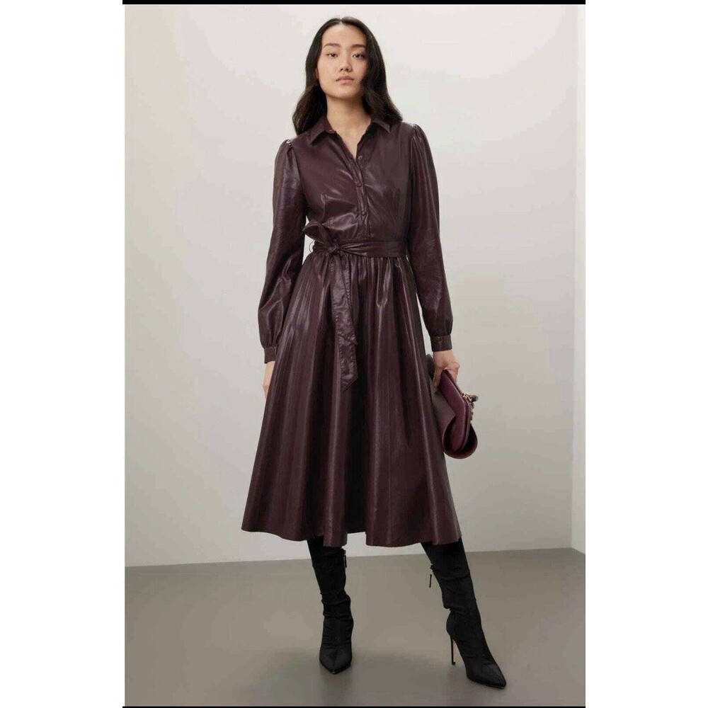 Peter Som Collective Burgundy Faux Leather Pleated Midi Shirt Dress Size 14